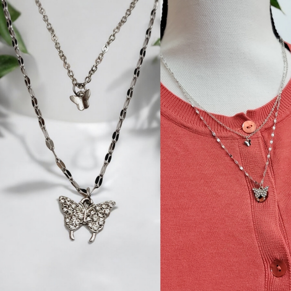 2 layered dainty necklace with rhinestone butterfly charms in Silver-tone